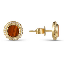 Load image into Gallery viewer, 14k Yellow Gold Tiger Eye in Diamond Halo Earrings - from Holsten Jewelers
