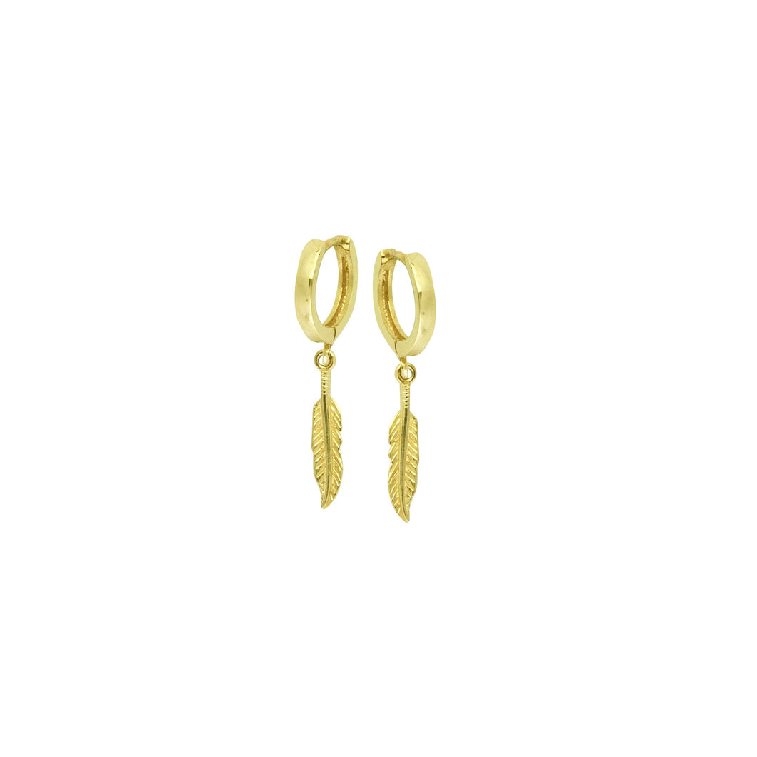 14k 10mm Baby Hoop With Dangle Feather Earrings