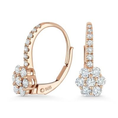 14k Gold Diamond Cluster On Diamond Lever Backs Earrings