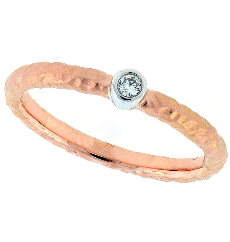 14k Rose And White Gold Hammered Finish Band With Bezel Set Diamond