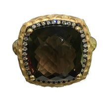 Load image into Gallery viewer, 14k Yellow Gold Matte Finished Hammered Cushion Shape Smokey Topaz and  Diamond Ring. - from Holsten Jewelers
