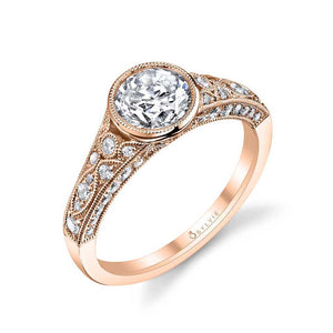 14k White Gold Vintage Inspired  Bezel Set Diamond Engagement Ring with Diamond Sides(center stone not included)