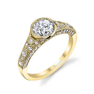 14k White Gold Vintage Inspired  Bezel Set Diamond Engagement Ring with Diamond Sides(center stone not included)