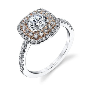 14k White and Rose Gold Cushion Shape Double Diamond Halo Engagement Ring(center stone not included) - from Holsten Jewelers