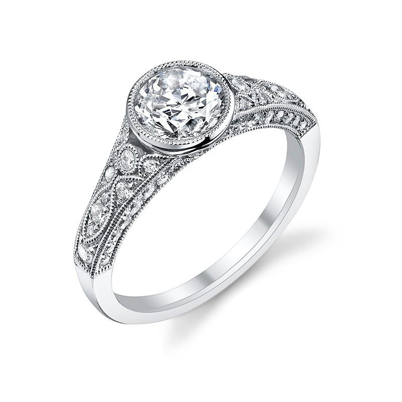 14k White Gold Vintage Inspired  Bezel Set Diamond Engagement Ring with Diamond Sides(center stone not included) - from Holsten Jewelers