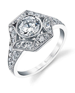 14k White Gold Bezel Set Vintage Inspired Filigree Diamond Engagement Ring with Diamond Sides(center stone not included) - from Holsten Jewelers